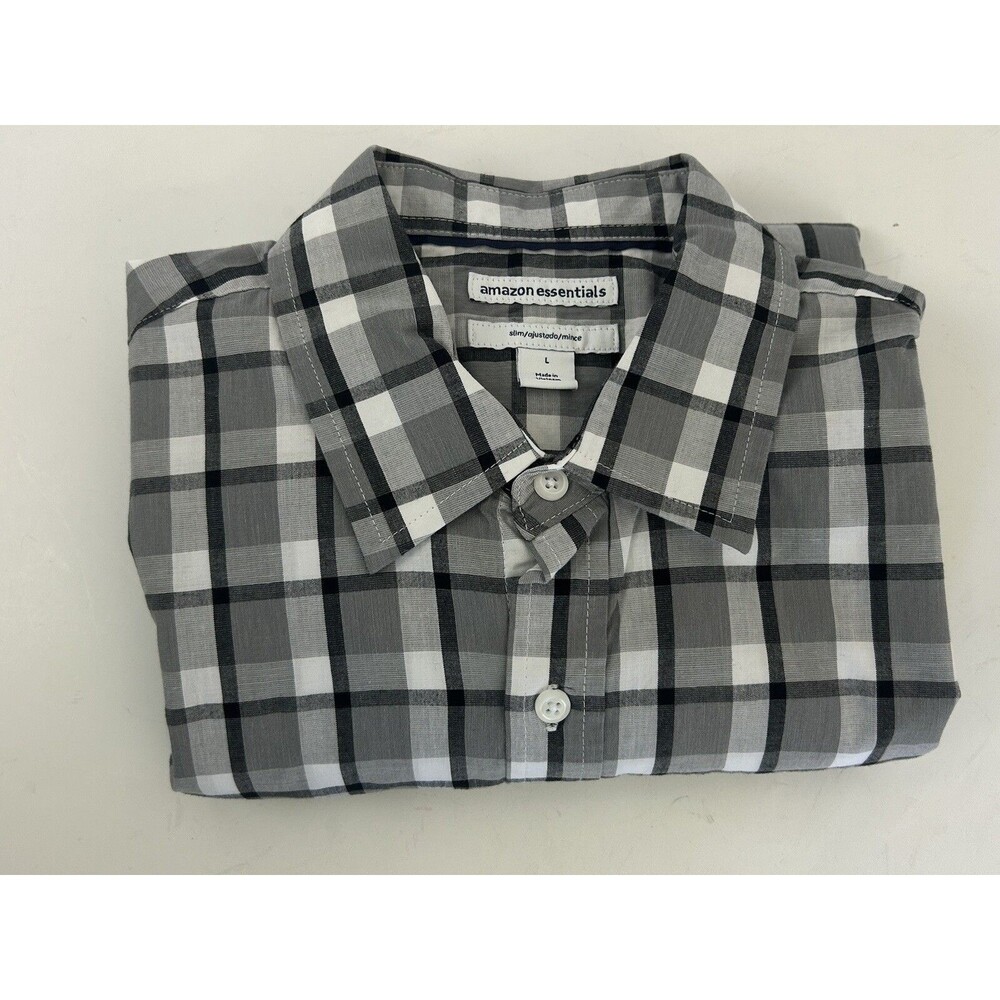 Amazon Essentials Mens L Plaid Button Up Shirt Gray Black Long Sleeve